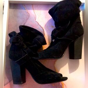 Nine West Boots with Ties, Peep Toe, Block Heel (3.5”), Black Suede, Size: 7
